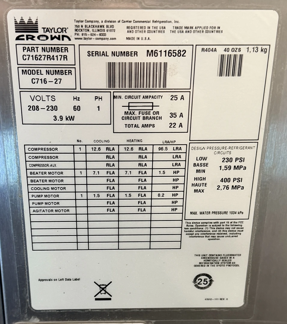 Taylor C716-33 Soft Serve Frozen Yogurt Ice Cream Machine 1 Phase Water Cooled - Image 15