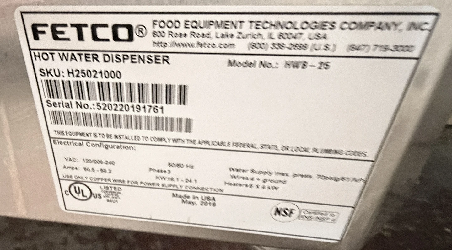 FETCO HWB-25 (H25011) Hot Water Boiler, Electric, Single, Automatic, 25 Gallon - Image 4