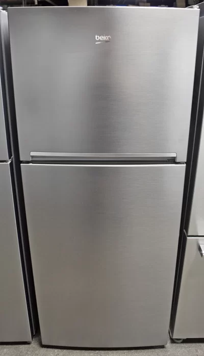 A close-up of the front view of the Beko BFTF2716SS 28-inch counter-depth top freezer refrigerator.