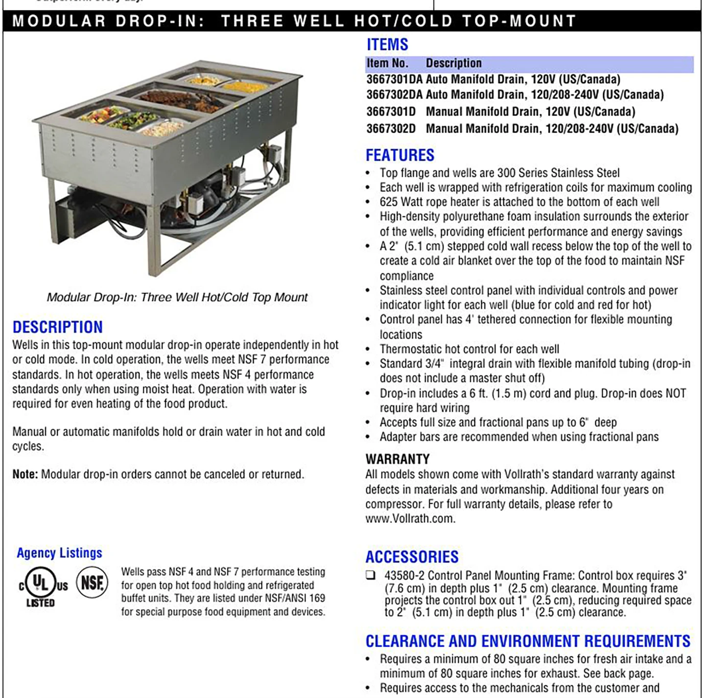 Vollrath 3667302D 3 Well Modular Drop-In Hot Cold Food Well 120/208-240V - Image 4